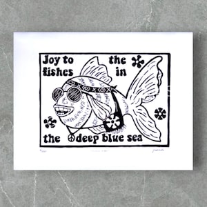 Joy to the World  Lino Print | Hippy print | 70s art | fish art | 3 Dog Night | hand printed | linocut print | art print
