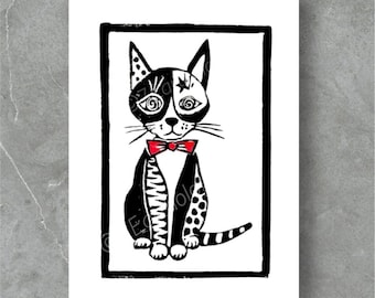 Black and White Cat Lino Print: Hand-Printed Linocut Art