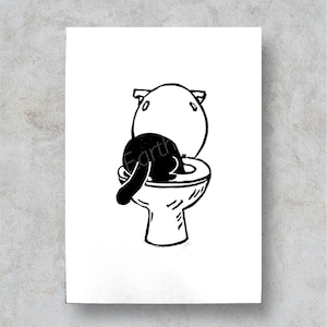 Cat in Toilet Lino print | cat print |cat art | black cat art | hand printed | linocut print | lino block print | art print