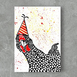 Party Chicken Lino Print | chicken print| chicken art | hand printed | linocut print | lino block print | relief print | art print