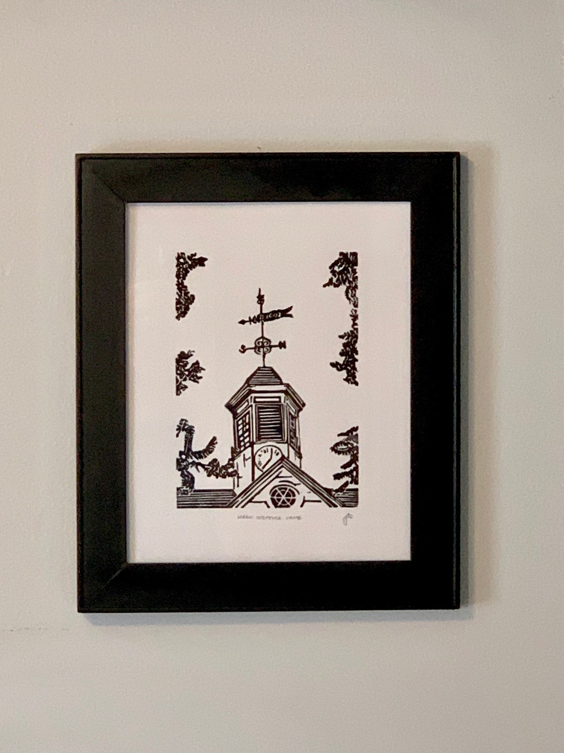 The Wren Weather Vane Lino Print William & Mary Art Wren Building Hand