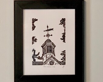 The Wren Weather Vane Lino print | William & Mary art | Wren building | hand printed | linocut print |