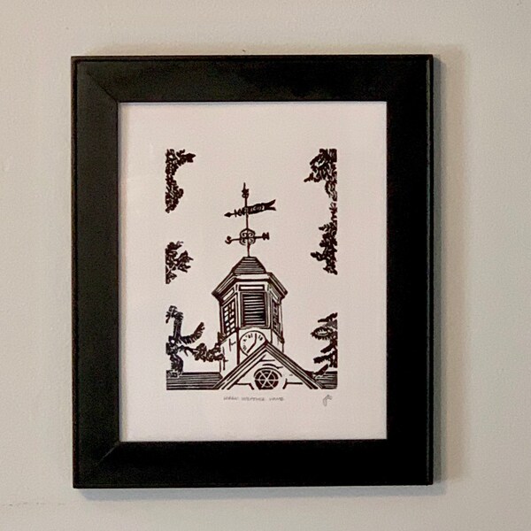 The Wren Weather Vane Lino print | William & Mary art | Wren building | hand printed | linocut print |