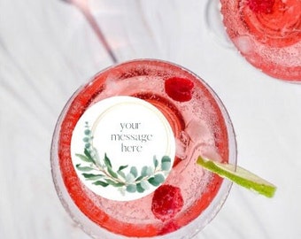 Personalised eucalyptus premium edible wafer toppers for cocktails wine drinks pre cut wedding|hen do| birthday| party