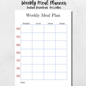 Weekly Meal Planner, Meal Planner Printable, Health Planner, Meal Tracker, Weekly Meal Plan Template, Digital Download, A4, US Letter Size