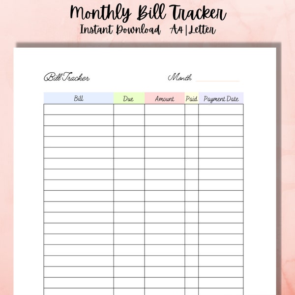 Bill Payment Tracker Printable, Monthly Bill Tracker, Bill Planner, Bill Payment Checklist, Bill Organizer, A4, Letter