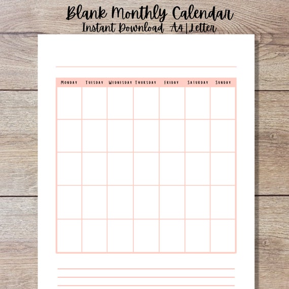calendar printable blank monthly calendar monthly planner etsy