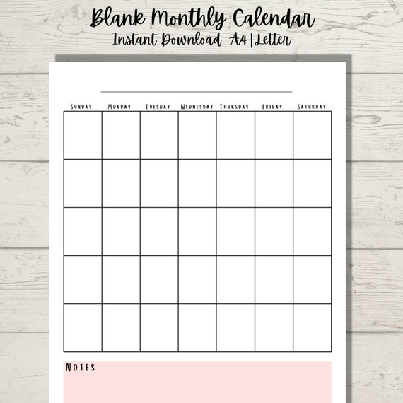 Monthly Calendar Printable Calendar Printable Blank Monthly - Etsy