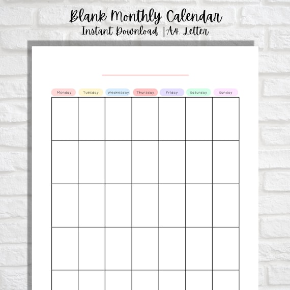 Printable Calendar Blank Monthly Calendar Printable Cute | Etsy