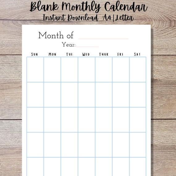 Printable Calendar Blank Monthly Calendarcalendar Template - Etsy