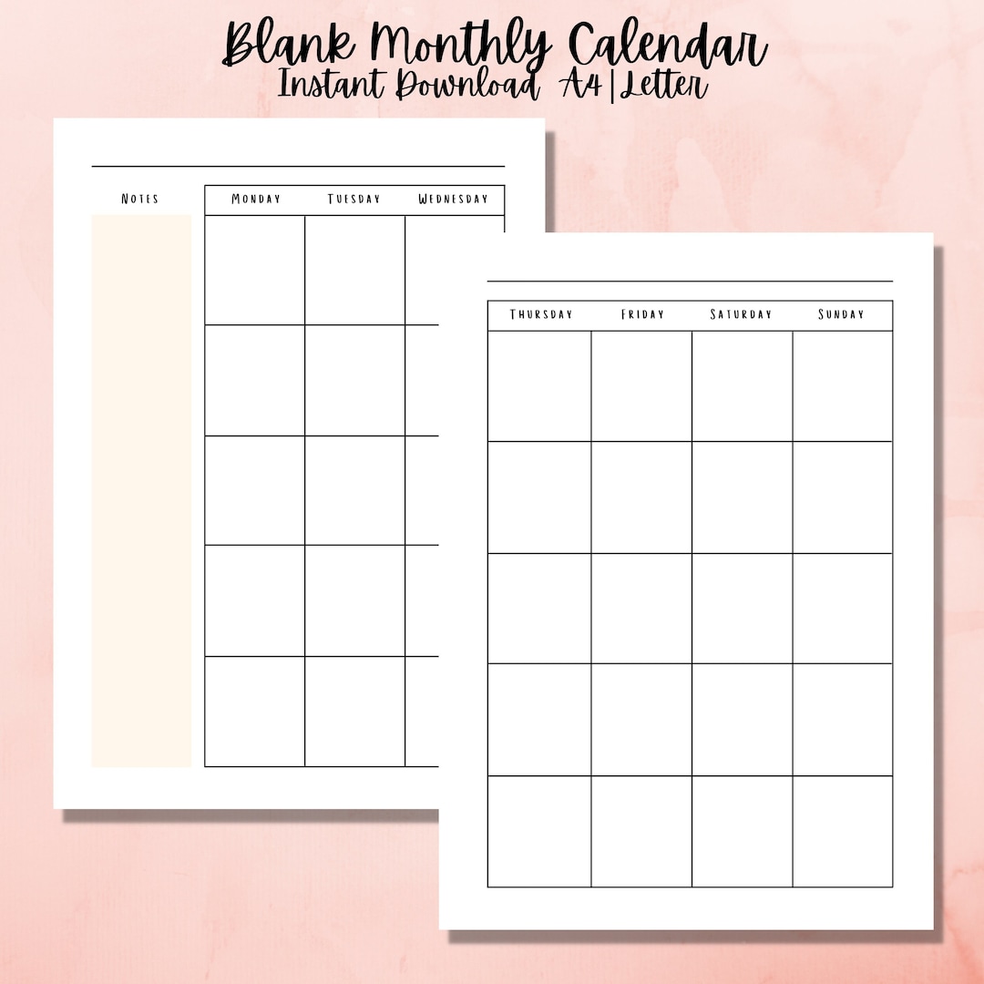 Blank Monthly Calendar Printable PDF, Monthly Planner Digital Printable ...