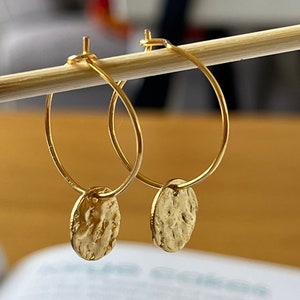 Hammered Gold Hoops Earrings, Handmade Hoops , Hammered Disc Hoop Earrings for Women UK seller