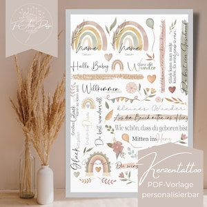 Candle Tattoo | birth | bohemian | customizable | watercolor | water slide film | digital template | hand drawn | Download | A4