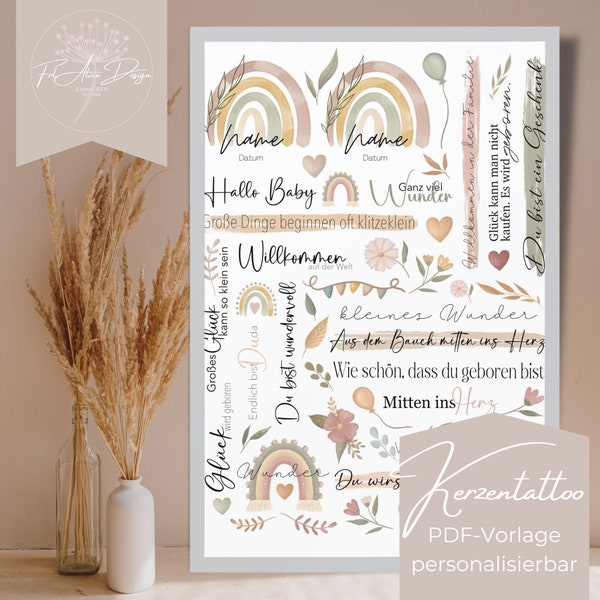 Candle Tattoo | birth | bohemian | customizable | watercolor | water slide film | digital template | hand drawn | Download | A4