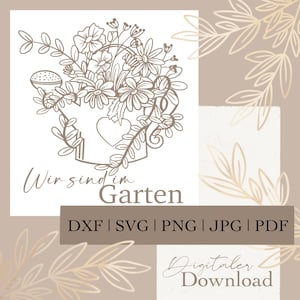 Archivo plotter digital regadera con flores | Letrero de jardín | dibujado a mano | SVG, PNG, JPEG, PDF, DXF | Archivo vectorial | Descargar