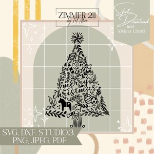 May include: Black and white silhouette of a Christmas tree with the words "merry christmas" inside the tree. The tree is decorated with ornaments, stars, and other festive elements. The text "ZIMMER 211 by Frf. Afece" is at the top of the image. The text "SVG, DXF, STUDIO.3, PNG, JPEG, PDF" is at the bottom of the image.