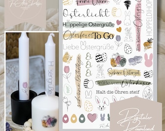 May include: A printable sheet of Easter-themed stickers with illustrations of bunnies, eggs, flowers, and text in German. The text includes "Frohe Ostern", "Osterlicht", "Hoppelige Ostergrüße", "Osterfeuer To Go", "Liebe Ostergrüße", "Ei Ei Ei", "Schone Osterzeit", "Grüße vom Osterhasen", "Halt die Ohren steif", and "Ein kleiner Ostergre B".