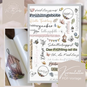 May include: A sheet of printable stickers with a spring theme. The stickers feature illustrations of birds, butterflies, flowers, and bees. The text on the stickers includes "Springtime", "Frühlingsbote", "Hallo Frühling", "Frühlingszauber", "Frühlingsgefühle", "Frühlingsgrüße für dich", "Schmetterlingspost", "Der Frühling ist da", "Oh, du Frühling", "Ich liebe den Frühling", "Blüten", "Frühling", "Frühl", "klein", "Kerzentattoo", and "PDF-Vorlage".