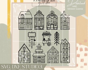Winter Village SVG Bundle - Christmas digital template for making window pictures, coloring pages and Christmas decorations
