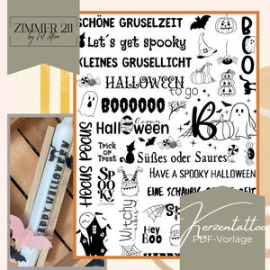 May include: Black and white Halloween themed printable design sheet with text that says "Let's get spooky", "Boo", "Halloween", "Hocus Pocus", "Witchy Vibes", "Trick or Treat", "Süßes oder Saures", "Have a Spooky Halloween", and "Hey Boo".