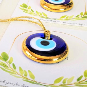Gepersonaliseerde gouden boze oog gunsten met kaarten - Griekse trouwbedankjes, doopbedankjes, aandenken vrijgezellenfeest, aangepaste Nazar-cadeau