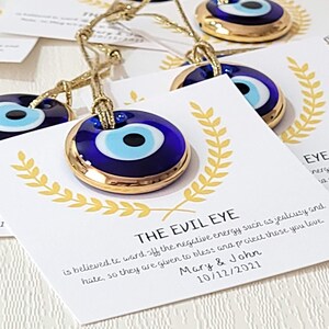 Gouden rand boze oog met gepersonaliseerde trouwkaarten gunsten, Grieks, trouwbedankjes voor gasten in bulk, bruids, uniek, cadeau, boze oog-kralen, bedels