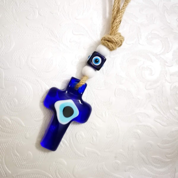 Glass Cross Evil Eye  Wall Hanging,Nazar ,Lucky,Evil Eye Favors,Greek,Protection,Charms,Christian Wall Decor,Evil Eye Beads,Talisman