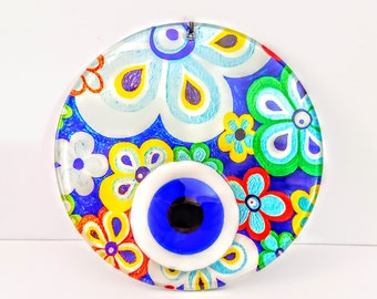 Floral Fusion Glass Evil Eye Wall Hanging: Turkish Nazar Boncuk Decor