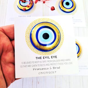 Griekse boze oog magneetgunsten met aangepaste kaarten – Mati bruiloft, doop, babyshower aandenkens