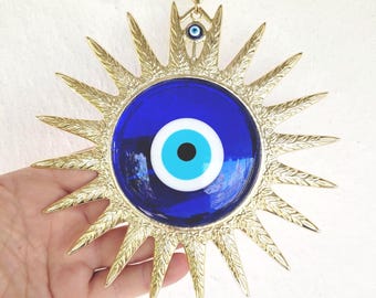 Gold Sun Evil Eye Wall Hanging, Turkish Nazar Boncuk Decor
