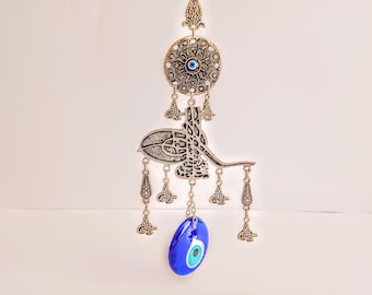 Silver Plated Ottoman Tughra Evil Eye Wall Hanging - Turkish Nazar Boncuk