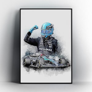 Póster de George Russell con un coche Mercedes - Regalo de arte mural de George Russell