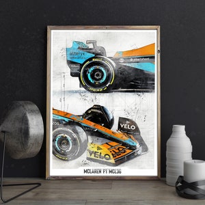May include: A digital illustration of a McLaren F1 MCL36 race car in orange, black and blue. The car is shown from two different angles, with the front and rear wheels visible. The illustration is on a white background with a grid pattern.