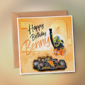 May include: A birthday card with a watercolour design featuring a Formula 1 race car, a driver in a helmet, and the text "Happy Birthday Benny". The card has an orange and yellow colour scheme.