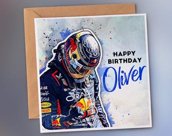 Personalisierte Max Verstappen Geburtstagskarte mit individuellem Namen und Innenseite Nachricht