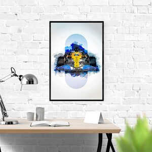 May include: A watercolor painting of a yellow and blue race car with a white background. The car is surrounded by a blue and white watercolor effect.