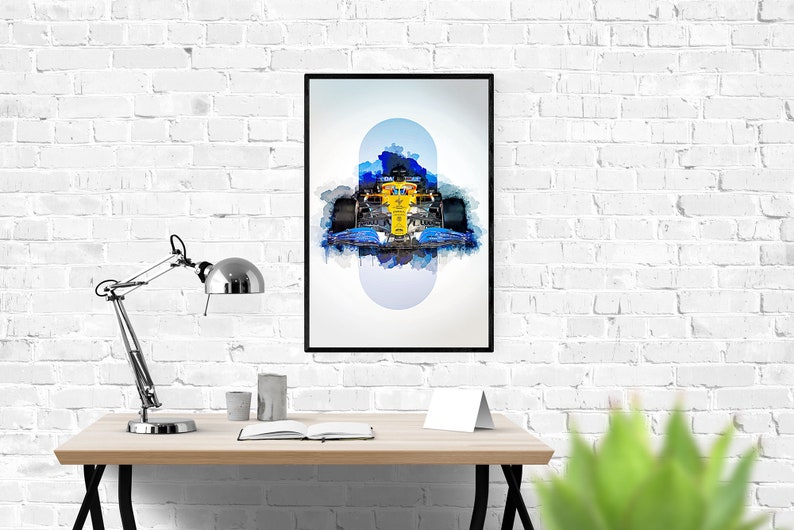 May include: A watercolor painting of a yellow and blue race car with a white background. The car is surrounded by a blue and white watercolor effect.