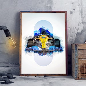 May include: A watercolor painting of a Formula 1 race car in blue, yellow, and black. The car is surrounded by blue and white watercolor splatters.