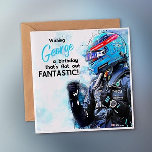 Personalisierte George Russel Geburtstagskarte mit individuellem Namen und individueller Nachricht im Inneren - 2025 Mercedes F1 Geburtstagsgeschenk für F1-Fan mit kostenlosem Umschlag