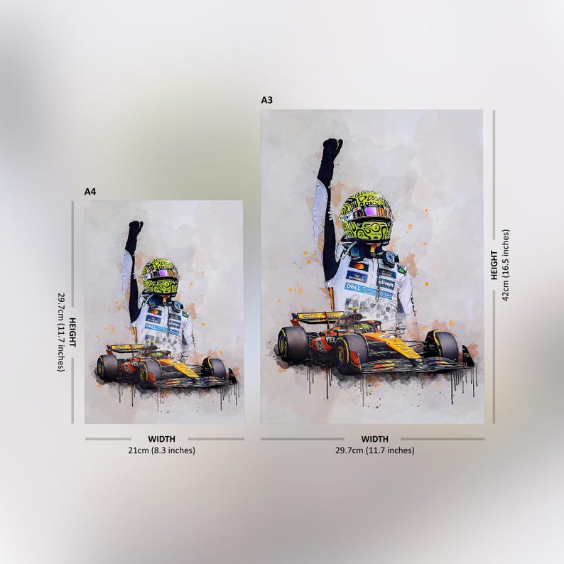 Puede incluir: Impresi&oacute;n en acuarela de un piloto de F&oacute;rmula 1 celebrando una victoria. El piloto, con un casco amarillo y verde, levanta el pu&ntilde;o. El coche es rojo y amarillo. La impresi&oacute;n A4 mide 21 cm de ancho y 29,7 cm de alto.