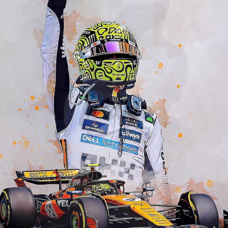 Puede incluir: Representaci&oacute;n art&iacute;stica de un piloto de F&oacute;rmula 1 con un traje de carreras blanco con logotipos de patrocinadores, un casco verde ne&oacute;n y negro, y un coche McLaren. El piloto levanta el brazo en se&ntilde;al de victoria.