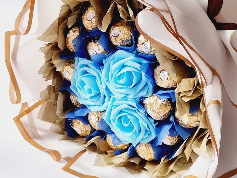 Chocolate Bouquet Ferrero and Lindt, Birthday Gift, Ramadan, Eid, Easter, Congratulations, Thank You Gift, Chocolate & Flower Bouquets White & Blue