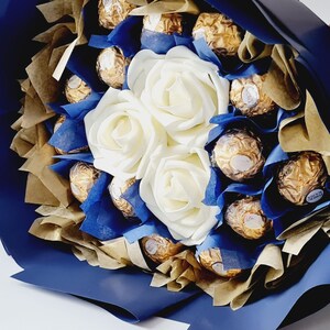 Chocolate Bouquet Ferrero and Lindt, Birthday Gift, Ramadan, Eid, Easter, Congratulations, Thank You Gift, Chocolate & Flower Bouquets Royal Blue & White