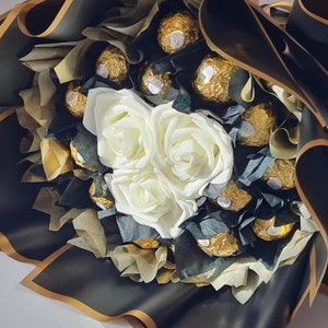 Chocolate Bouquet Ferrero and Lindt, Birthday Gift, Ramadan, Eid, Easter, Congratulations, Thank You Gift, Chocolate & Flower Bouquets Black, White & Gold