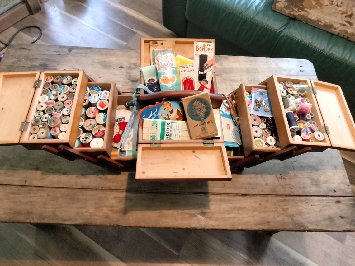 Vintage Accordion Sewing Box Full of Notions Etsy