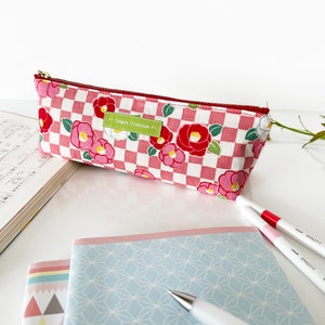 Pencil case Kimono Camellia and Check pattern | With pockets, Large capacity, Stationery, Pouch, Japanese fabric