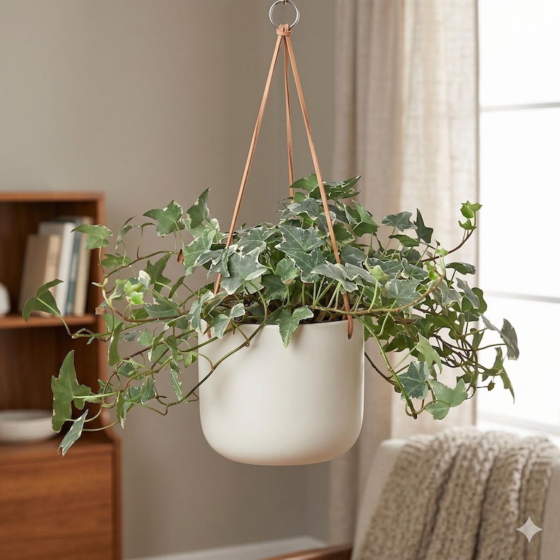 May include: A white, rounded ceramic hanging planter with a trailing ivy plant. The plant has green and white variegated leaves. The planter is suspended by brown leather straps attached to a metal ring.