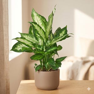 May include: A potted Dieffenbachia plant with large, green leaves and white variegation. The plant is in a round, taupe-colored pot, sitting on a wooden surface. The background includes a window with a sheer curtain and a neutral-toned wall.