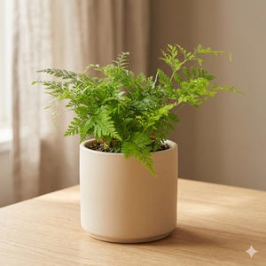 May include: A vibrant green fern plant in a beige cylindrical pot. The plant has delicate, feathery fronds, and the pot sits on a light-colored wooden surface. The background includes a window and a neutral-toned curtain.