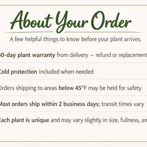 The image is a text-based graphic that provides information about an order, including details about the 30-day plant warranty, cold protection, shipping preferences, and the uniqueness of each plant.
